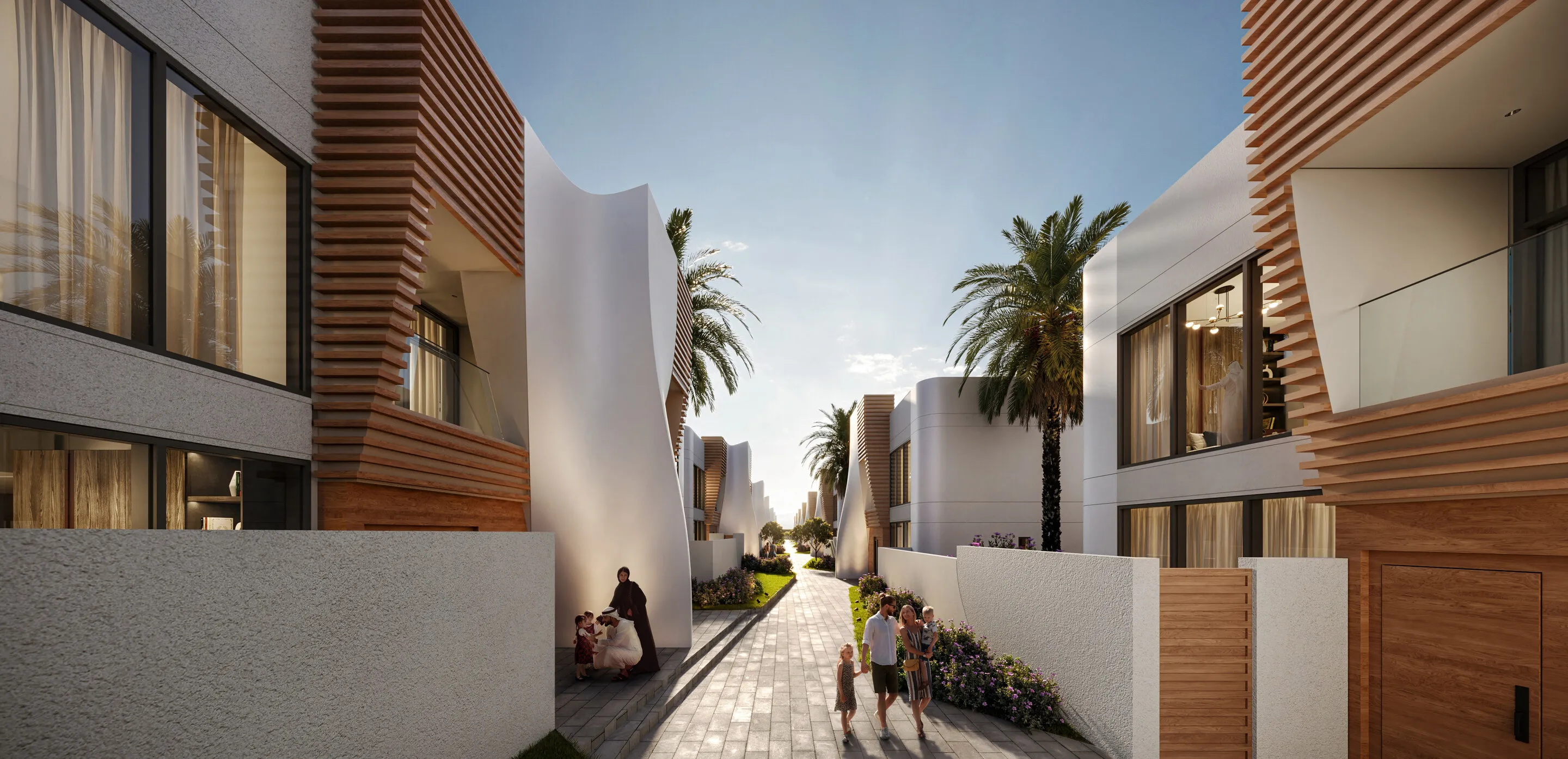 Modern residential pathway showcasing desert architecture with sculptural white facades, wood paneling, and palm trees lining a shaded pedestrian street.